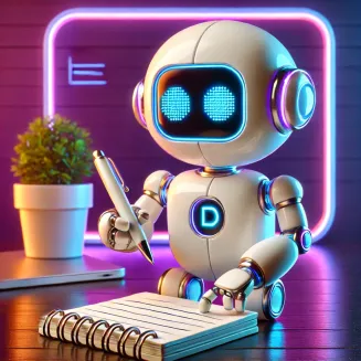 DALL·E 2024-12-04 13.37.52 - A modern, photorealistic, square image featuring a friendly small white robot holding a notepad and writing on it with a pen. The robot is designed wi